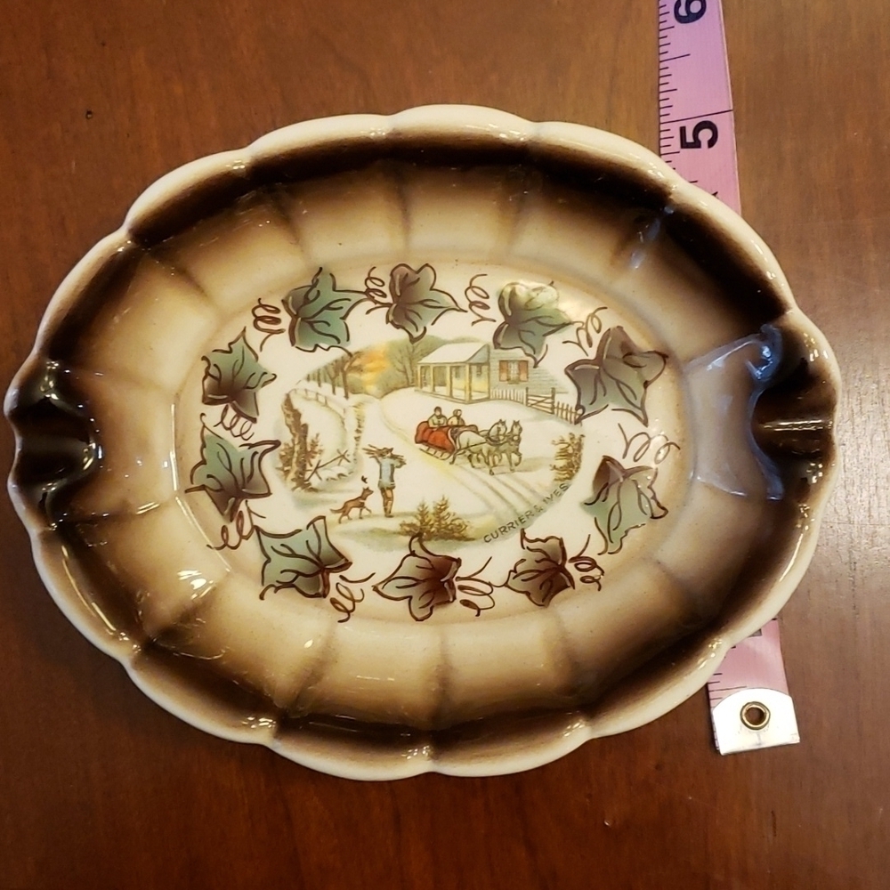 Vintage Currier & Ives Small Oval Ashtray Brown Winter Scene Very Pretty VGC - Picture 8 of 13